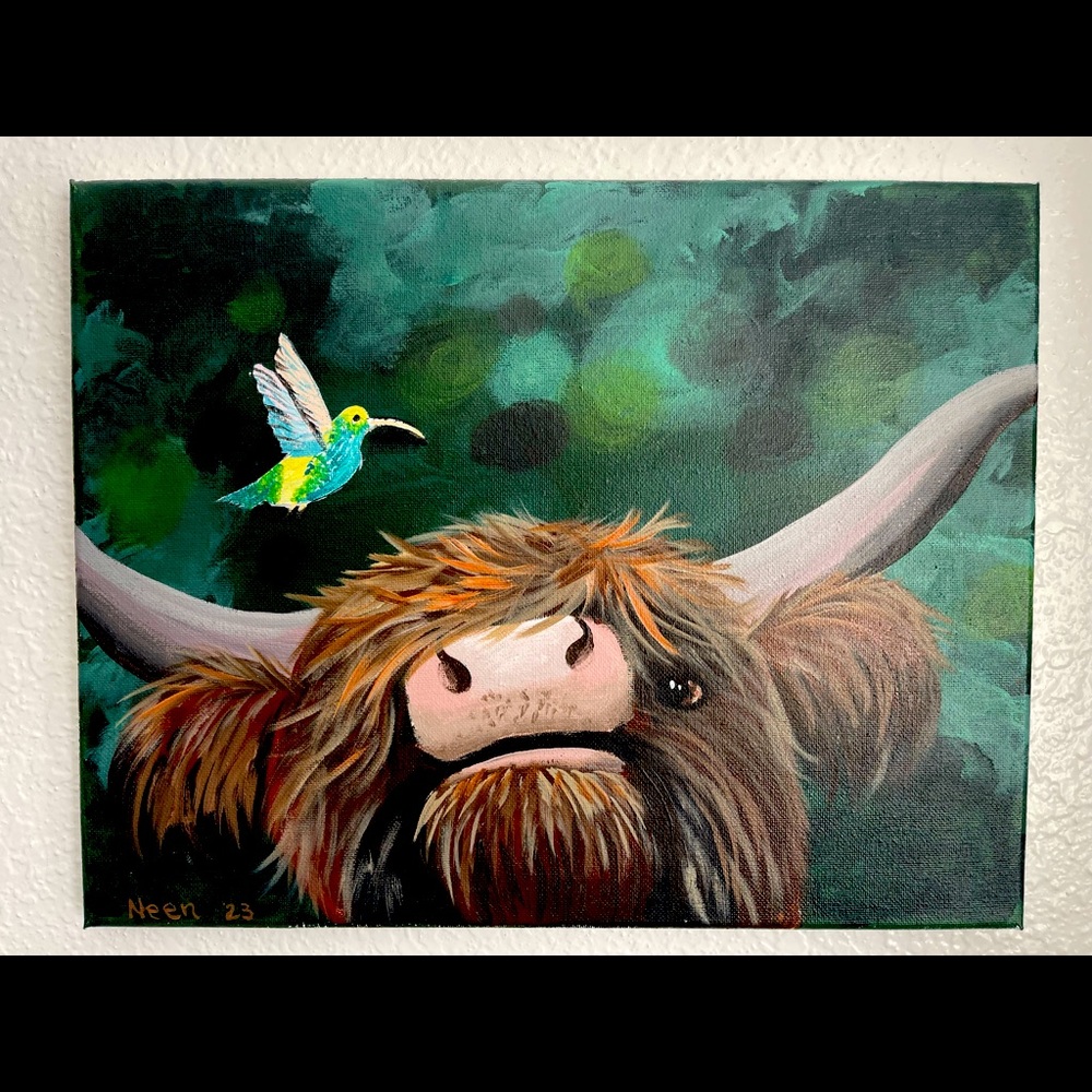 Hand painted canvas Highland Cow with hummingbird